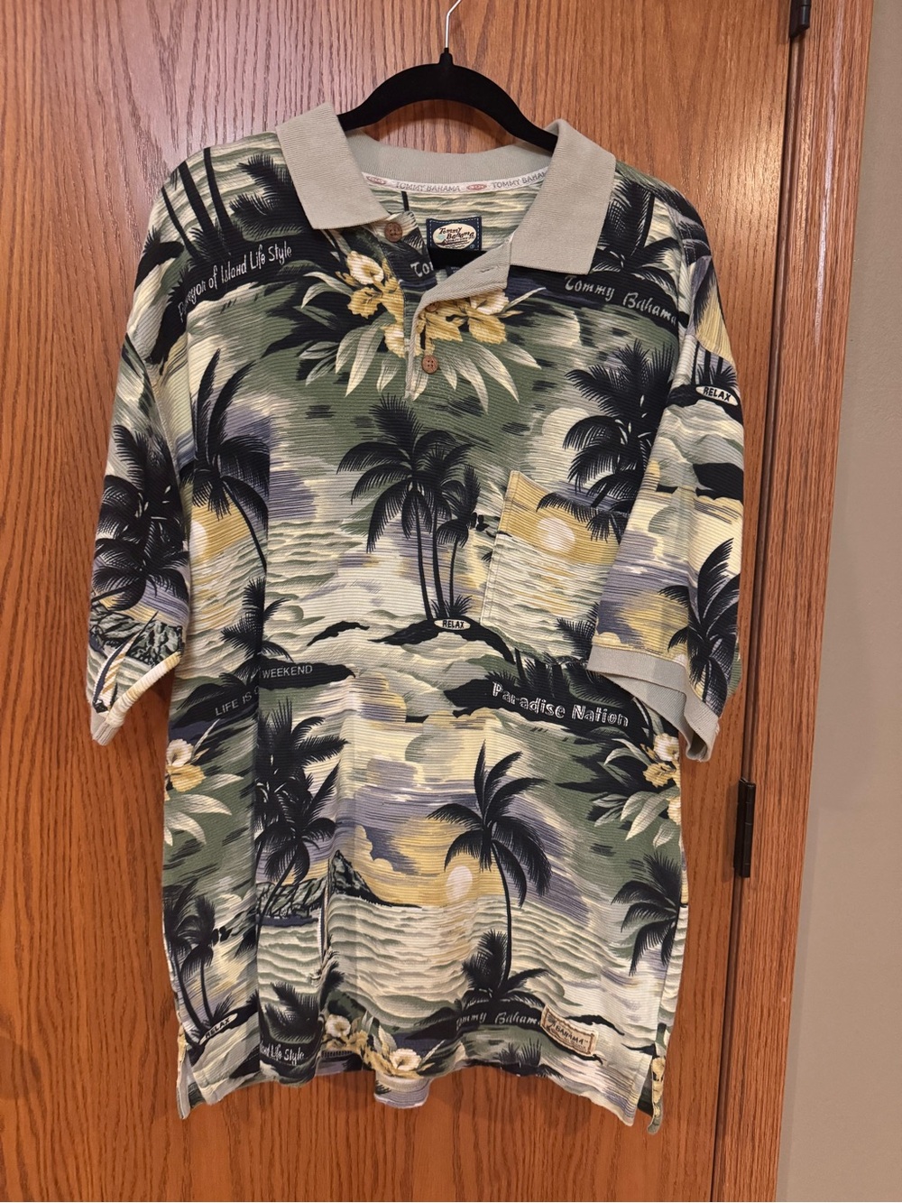 Tommy Bahama Tropical Palm Print Polo in Green, Black & Cream